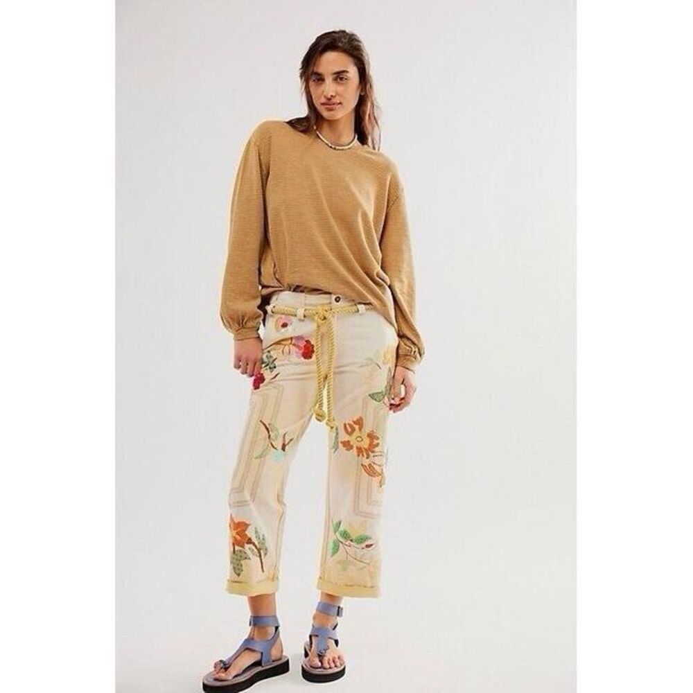 We The Free Cream Straight Leg Floral Appliqué Pants